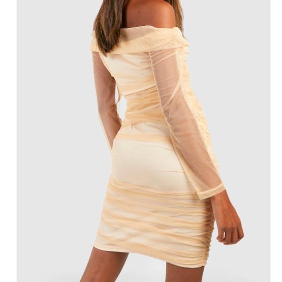 NWT OFF SHOULDER RUCHED MESH BODYCON MINI NUDE DRESS - Picture 4 of 8
